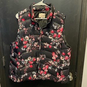 Ann Taylor Loft black puffer vest with pink and red floral, size XL